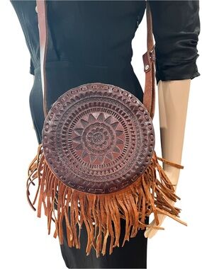 Hand tooled canteen round leather fringe bohemian style crossbody bag